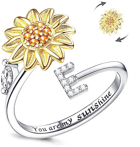 Fidget Ringar för kvinnor, Kucheed Sunflower Justerbar Storlek Spinner Ring, Silver Stapelbar Stress Relief Anti-Angest Letter Finger Circle, Graverad You Are My Sunshine Inuti Smyckesringen