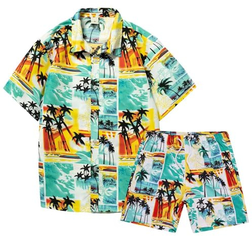 Casey Kevin Homme Chemise Hawaïenne Manches Courtes Hawaïens Ensemble Shorts Funky Casual Hawaii Imprimé Chemise Été pour Plage Vacances