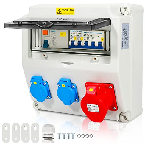 Herrselsam Wandverteiler, 1X16A 2x230V MIT LS+FI mit Leitungsschutzschalter und RCCB, 5 polig Baustromverteiler mit 2 Schutzkontaktsteckdosen und CEE Steckdose 16A Innen/Außenverteiler