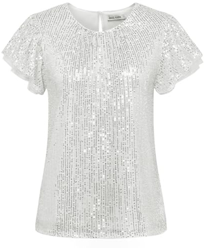 GRACE KARIN Women's Blouses Shirts Summer Short Sleeve Tops Sequined Shirts 50s Evening Gowns Shows Tops Silver White XL