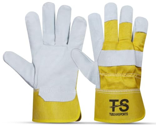 Tussan Sports Guanti da lavoro in pelle divisa, resistenti, a prova di spine, per scavare, diserbare, piantare e lavori di edilizia, potatura e attività di scavo, giallo, coppia di 1
