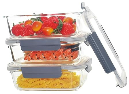 GRANZ Glass Food Storage Containers, BPA-Free Food Storage Containers, Airtight Snap Loc lid, Leak Proof Meal Prep Boxes, Stackable, Eco-Friendly, Reusable, Microwave & Dishwasher (3 Pack Large)