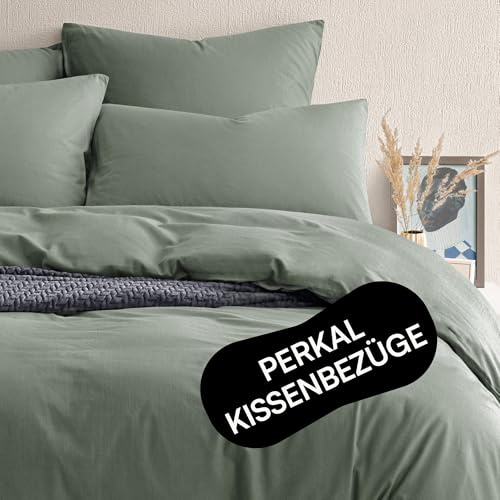 Seralino Perkal Kissenbezug Set 40x80 cm Grün (2er Set) 100% Bio Baumwolle Kissenbezüge weich angeraut |40x80 Kissenhülle mit Reißverschluss| Kopfkissen 40x80 Bezug Bio Bettwäsche