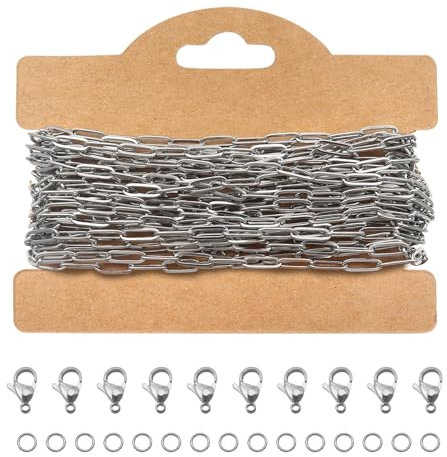 TOAOB Silber 5M Gliederkette Chain 3mm Edelstahl Kabel Metallkette Kette Meterware Halsketten Kette Bulk mit 30 Sprung Ringe und 10 Karabiner Verschlüsse für DIY Schmuck