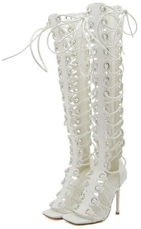 STUPMARY Women Peep Toe Sandals Cut-outs Cross-tied Lace Up High Heeled Gladiator Sandals Zipper Over The Knee Bootie Summer