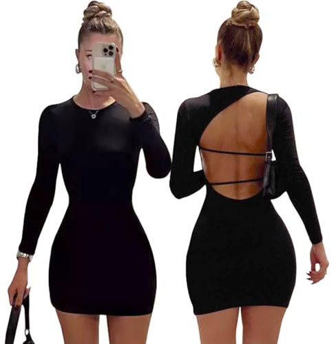 AOWVUTS Robe Moulante à Manches Longues pour Femmes Sexy Hip-Hugging Col Rond Mini Dos Nu Bodycon pour Soirée Cocktail Party Fête Club Bal Décontractée