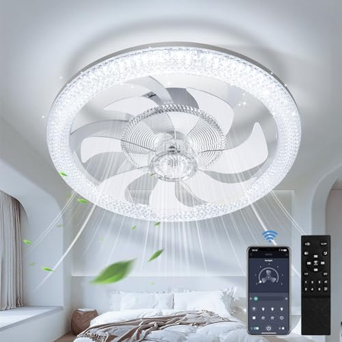 Bellanny Ceiling Fans with Lights and Remote, 48CM Flush Mount Ceiling Lights, 6 Wind Speeds Adjustable, Reversible, Modern LED Dimmable Electric Fan Lamp for Bedroom, Kids Room and Living Room