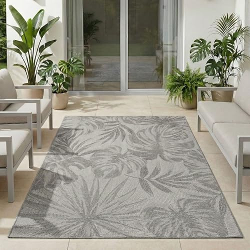 Carpetsale24 Outdoor Teppich Grau 160x230 cm, Wetterfest & UV-beständig, ideal für Küche, Balkon, Terrasse, Garten auch Wohnzimmer und Esszimmer, Palmblätter-Design, Leicht zu Reinigen