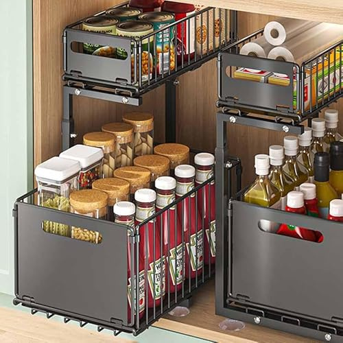 Cassetto telescopico a 2 livelli, cassetto pieghevole estensibile per cucina, organizzatore di armadio a base scalabile con 2 livelli, organizzatore di armadio da cucina per armadio e piano di lavoro