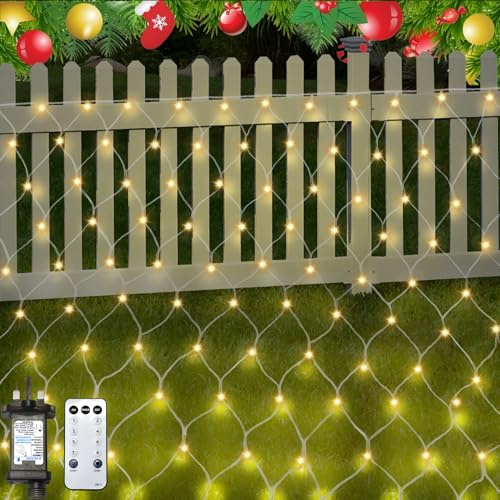 Dankeled Christmas Net Lights Outdoor, 198 LED 3x2M Mesh Fairy Lights Plug in, Timer, 8 Modes, Waterproof String Lights for Indoor Curtain Window Garden Xmas Tree Christmas Decorations (Warm White)