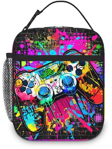 Fakcrkun Game Boys Lunch Bag, Graffiti Style Kids Lunch Box, Reusable and Waterproof Lunchbox for Boys, Insulated Lunchbag with Mesh Bag for School, Travel, Picnic