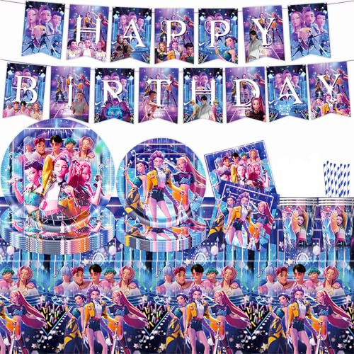 62 Piezas Decoración Cumpleaños, Vajilla de Fiesta de Cumpleaños con Platos Vasos Servilletas Pajitas Mantel y Bandera, Party Vajilla Fiesta, Regalo para Fans del Anime Niños/Jóvenes (Azul)
