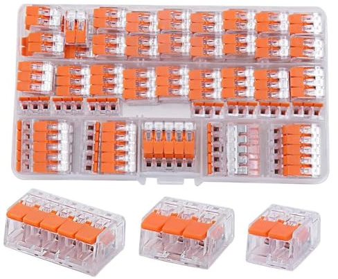 LAOMAO Set di 90 morsetti di collegamento, morsetti a leva, 2/3/5 poli, connettori passacavi compatibili con 221, tutti i tipi di conduttori 0,5-6 mm², scatola inclusa