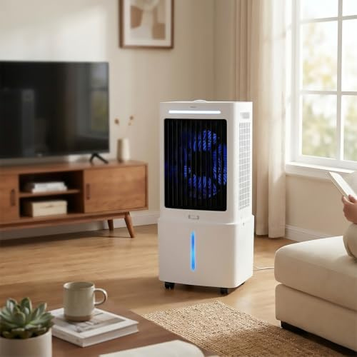 Aire Acondicionado Portátil 25L, Climatizador Evaporativo Ventilador 3 en 1, con Rruedas y Mando, 3 Velocidades, Temporizador de 12 Horas, Bolsas de Hielo, para Dormitorio y Garaje