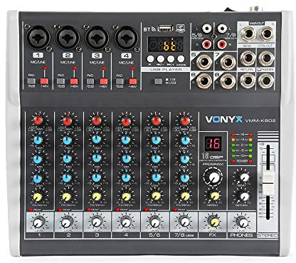Vonyx VMM-K802 8 Channel Music Mixer - USB Audio Interface, Bluetooth Streaming, DSP Effects, 6 Mic Line Inputs, Phantom Power, Podcast & Studio Mixing Desk