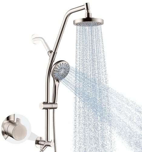 BRIGHT SHOWERS Rain Shower Head with Handheld Combo, Dual Shower System with Slide Bar, Rain Shower System, Adjustable Height, Brass Slide Bar & Diverter, 60 Inch Stainless Steel Hose, Brushed Nickel