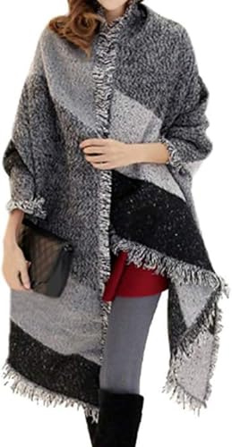Miss Lulu Bufanda Mujer Caliente de Invierno Larga y Suave Chal Con Flecos Tartan Grib Cálido Moda Cachemira Con Borlas (Negro)