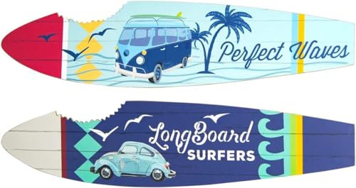 CAPRILO. Set de 2 Adornos Pared Decorativos de Madera Tablas Surf- Bocado Tiburón. Cuadros y Apliques. Decoración Hogar Marinera. Muebles Auxiliares. Regalos Originales. 60 x 0,90 x 15 cm.