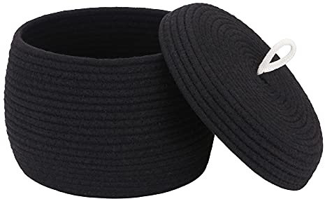 Sea Team Round Cotton Rope Storage Basket with Lid, Decorative Woven Storage Bin, Pot, Caddy, Organizer, Container for Snacks, Towels, Plants, 10 x 7.5 Inches (Small, Black)