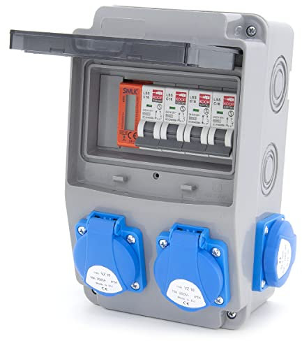 Distributore di prese ELS Elektrotechnika Distributore da parete con interruttore LS e contatore elettrico MID, Schuko 4x230V+4xLS C16, cablato, per ambienti interni/esterni, officine e fabbriche IP54