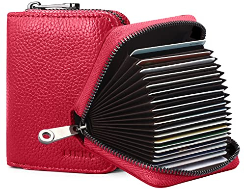Linno RFID 20 Slots Credit Card Holder Genuine Leather Small Wallet for Women or Men with Zipper