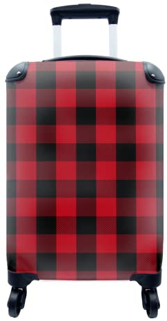 MuchoWow© Koffer Handgepäck Trolley Rollkoffer Kleine Reisekoffer mit 4 Rollen - Muster - Kariert - Rot - Schwarz - Cabin Size < 55x40x23 & 55x40x20 cm - Fotokoffer - Kabinenkoffer - Boardgepäck