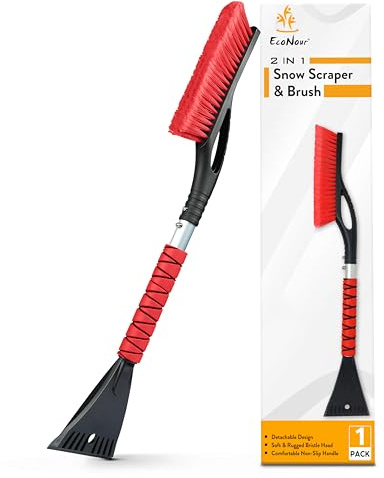 EcoNour 27 Aluminum Car Snow Scraper and Brush (Red) | Scratch-Free Weaved Bristle Head with Metal Body Ice Scraper for Car Windshield | Tough Ice Scraper with Ergonomic Foam Grip for Cars | 1 Pack