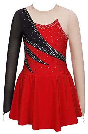iEFiEL Mädchen Eiskunstlauf Kleid Langarm Glitzer Ballettkleid Swing Kleid Schaukel Tanzkleid Turnanzug Kinder Tanzkostüme Zb Rot 140