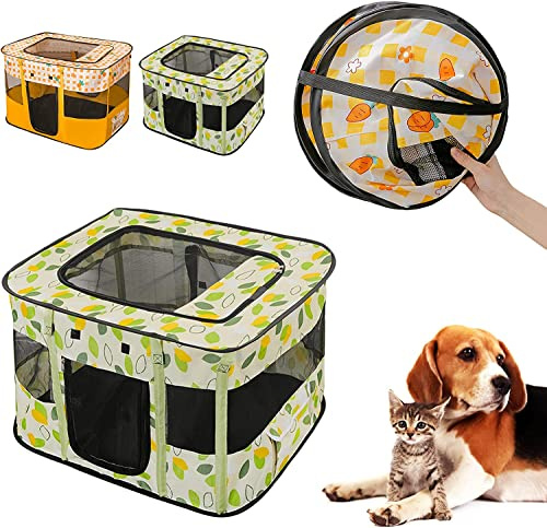 Plegable Parque para Perros Tela, Rectangular Parque Gatos Cerrado, Interior Parque Perro en Casa con Techo, Parque Perros para Pequeños Cachorros Medianos Grandes y Mascotas (70 x 55 x 45 cm, Verde)