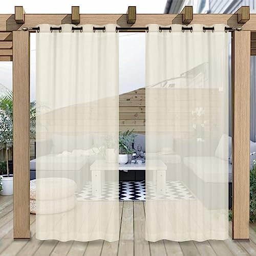 Heavyoff Outdoor Vorhang Wasserdicht Transparent Gardinen mit Ösen Leinenoptik Outdoorvorhänge für Gartenlaube Balkon Terrasse Pavillon 2 Stück, Beige, 132x213cm