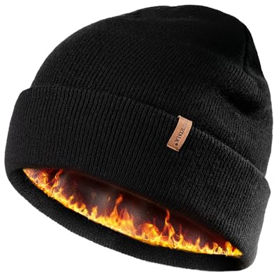 FURTALK Mens Beanie Fleece Lined Winter Hats Double Layered Stylish Knited Cuffed Plain Hat Black
