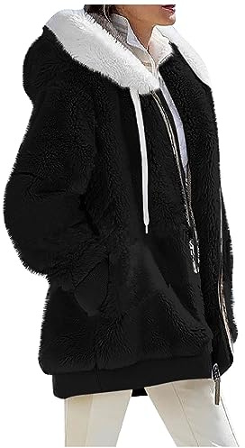 HSUAYEUD Womens Fleece Jackets Fleece Jackets Womens Winter Fuzzy Coat Hooded Cardigan Sherpa Coats with Pockets black 5XL