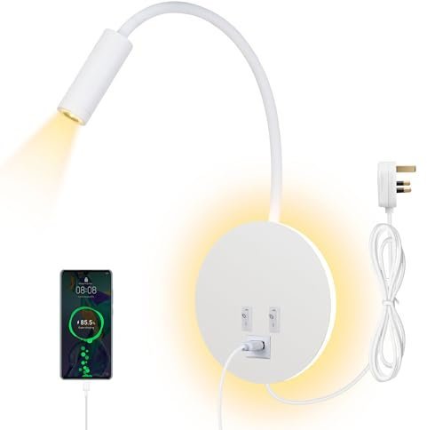 ERWEY Bedside Wall Lamp, LED Reading lamp,Wall Mounted Reading Light 3000K (3W+8W) with Switch and USB Charging, Wall Spotlight 360° swivelling gooseneck with Plug and Cable for Bedroom, White