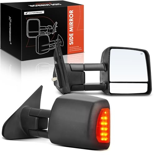 A-Premium Towing Mirrors - Compatible with Toyota Tundra 2007-2021, Sequoia 2008-2017 - Manual Folding Heated Telescoping Black - with Power Glass Turn Signal Running Light - Pair Set