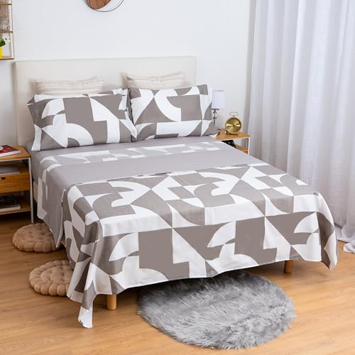 Etrexonline Juego de Sábanas 4 Piezas Cama 135 cm - Microfibra Ultra Suave Incluye 1 Bajera Ajustable 135x200+28 cm, 1 Encimera 210x270 cm, y 2 Fundas de Almohada 50x75 cm - Color Blanco y Gris