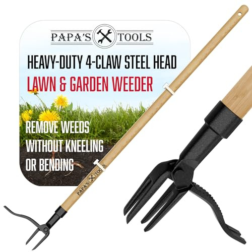 Papa's Tools One-Piece Weed Puller Tool, Stand Up Weeder with Heavy Duty Solid Bamboo Handle, Ultra-Durable 4-Claw Steel Head, 43.5” Fully Assembled Long Handle Weed Remover for Lawn & Garden