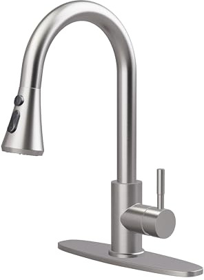 VXV Kitchen Faucets, Brushed Nickel Kitchen Faucet with Pull-Down Sprayer, Stainless Steel Sink Faucet for Farmhouse, RV, and Bar, Pull Out Kitchen Faucet with Deck Plate and 1/2'' Adapters