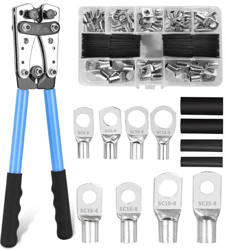 Batteriekabelschuh Crimpzange 10–1/0 AWG Groß Crimpzange Kabelschuh Zange Crimpzange 6/10/16/25/35/50 mm² mit 8 Größen 60 PCS Kupferringklemmen +80 PCS Schrumpfschläuche