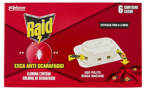 Raid Esca Scarafaggi Insetticida Inodore, Efficace fino a 3 Mesi, Area di Utilizzo Interno-Esterno, 1 Confezione da 6 Pezzi