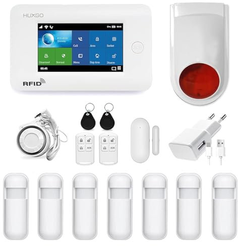 HUXGO HXA006 Funk Alarmanlage mit 7X Bewegungssensoren und Funk Solarsirene WiFi; GSM Modul - Alarmanlage Wohnung Garage - Funk Bewegungsmelder mit Empfänger