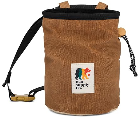 Oso Supply Co - Cascadia Waxed Canvas Chalk Bag - Zipper Pocket & Mesh Pouch for Bouldering, Rock Climbing, Gym, Weightlifting – Water-Resistant, Adjustable Belt, Wide Opening (Chestnut Brown/Khaki)