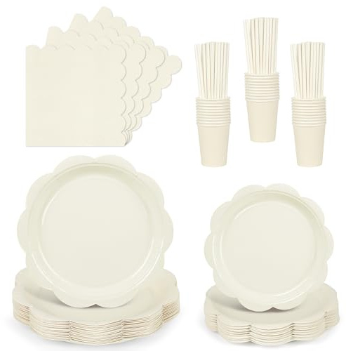 125 Pcs Cream Paper Plates and Napkins Set, Ivory Party Tableware Set | Include Beige 9 Scalloped Dinner Plate, 7 Party Plates, Cocktail Napkin, Cups, Straws for Baby Shower, Wedding, Birthday