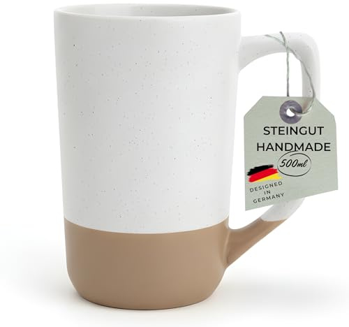 HerzHolzPapier® Große Steingut-Tasse – 500 ml – Handgefertigte Keramik Kaffeetasse Teetasse – Spülmaschinen- & Mikrowellenfest – Rustikales Design in Sprenkeloptik, Großer Henkel