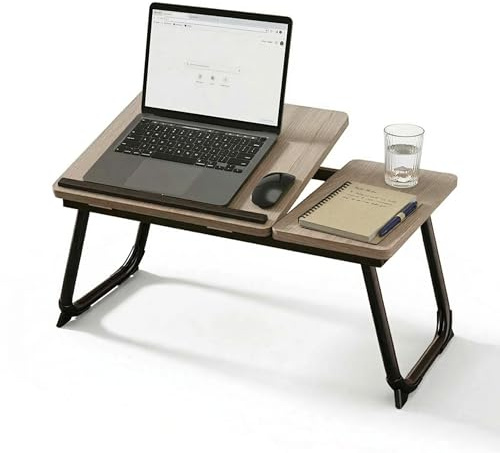 Relaxdays Mesa portátil para Cama y sofá, Plegable, Regulable en Altura, Bandeja metálica con Acabado Madera/Negro, 23.5