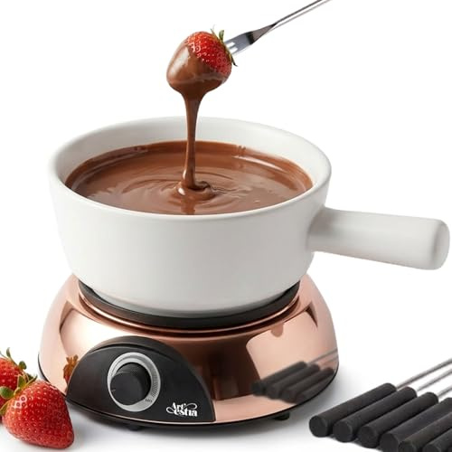 Artestia 2-QT Pentola elettrica per fonduta per carne, 1500 W, in ceramica, con temperatura regolabile, 6 forchette per fonduta, pentola in ceramica bianca con base in oro rosa