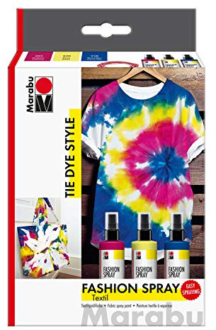 Marabu 1719000000094 - Fashion Spray, Tie Dye, Set Textilsprühfarbe auf Wasserbasis, für helle Textilien, einfache Fixierung, waschbeständig bis 40°C, 3 x 100 ml in himbeere, zitron und marineblau