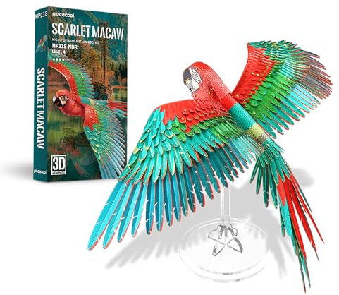 Piececool 3D-pussel metall modellbygge macaws ara, djurmodell 3D metallpussel för 340 rostfritt stål, helt metall, 1:1 återställ samling, födelsedagspresent, modellbyggsats vuxna, 83 delar