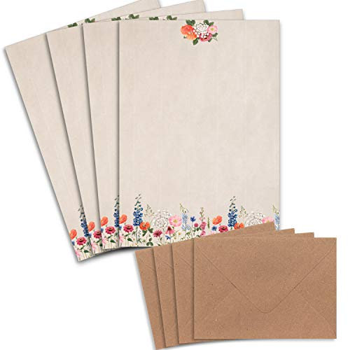50 Briefbogen-Sets DIN A4 - Naturpapier Motiv Blumenwiese mit gerippter Optik - mit Briefumschlägen DIN C6 in Kraftpapier Natur-Rosa Briefpapier bedruckbar ideal für Hochzeitseinladungen