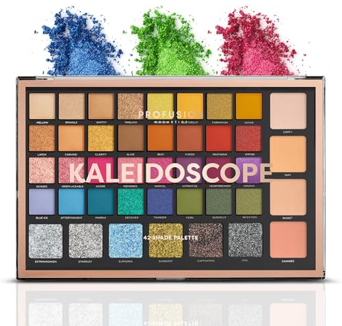 Profusion Cosmetics Kaléidoscope Palette de 42 ombres à paupières - Couleurs vives - Mat et scintillant - Satin - Coloré - Palette de maquillage longue durée et pigment professionnel - Poudre soyeuse