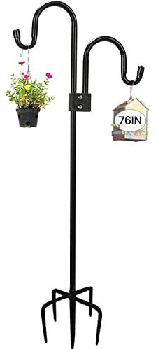 Double Shepherds Hook for Outdoor, 28.5 to 76 Inch Adjustable Garden Hooks with 5-Prong Base, Heavy Duty Garden Hook for for Garden Lights, Lanterns, Plant Baskets, Wind Chime (76)
